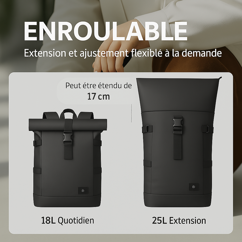 Sac à dos Roll Top - Extensible, pour ordinateur portable