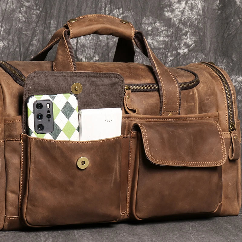 Sac de voyage en cuir véritable, en bandoulière, avec poches - Cédric