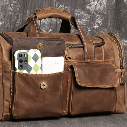 Sac de voyage en cuir véritable, en bandoulière, avec poches - Cédric