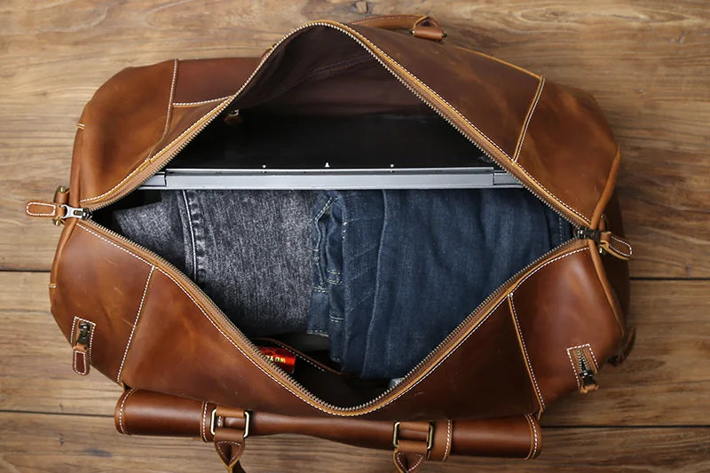 Grand sac de voyage en cuir véritable en bandoulière, multiples rangement, sac premium - David