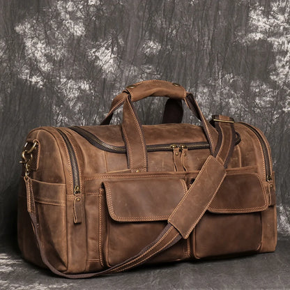 Sac de voyage en cuir véritable, en bandoulière, avec poches - Cédric