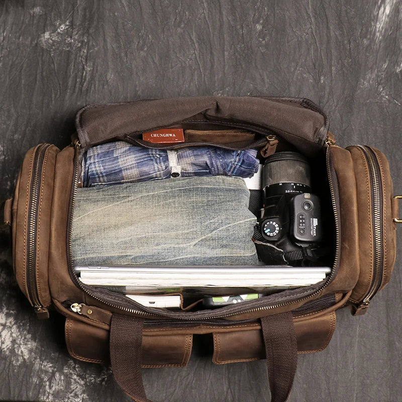 Sac de voyage en cuir véritable, en bandoulière, avec poches - Cédric