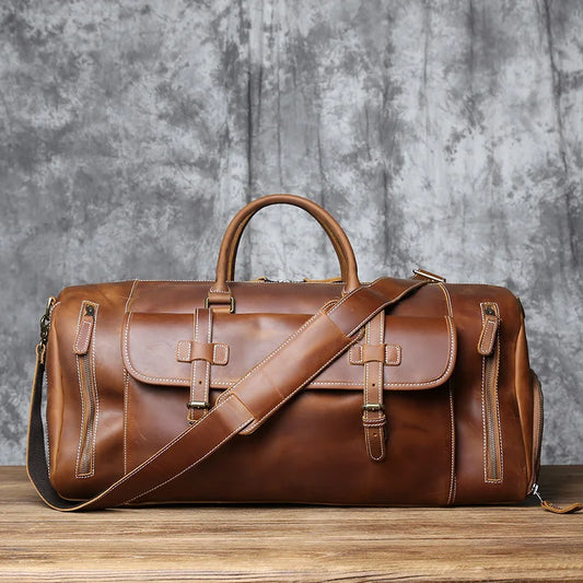 Grand sac de voyage en cuir véritable en bandoulière, multiples rangement, sac premium - David