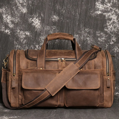 Sac de voyage en cuir véritable, en bandoulière, avec poches - Cédric