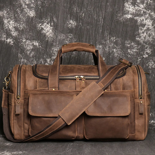 Sac de voyage en cuir véritable, en bandoulière, avec poches - Cédric