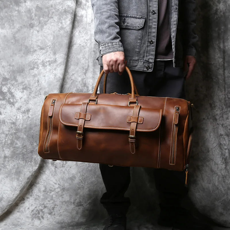 Grand sac de voyage en cuir véritable en bandoulière, multiples rangement, sac premium - David