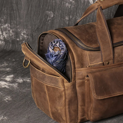 Sac de voyage en cuir véritable, en bandoulière, avec poches - Cédric