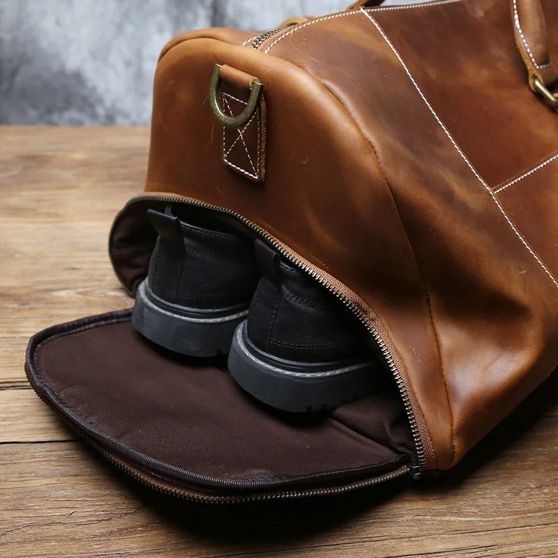 Grand sac de voyage en cuir véritable en bandoulière, multiples rangement, sac premium - David